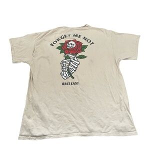 Rest Easy Tshirt Large Beige Skull & Roses Forget Me Not Double Sided Streetwear